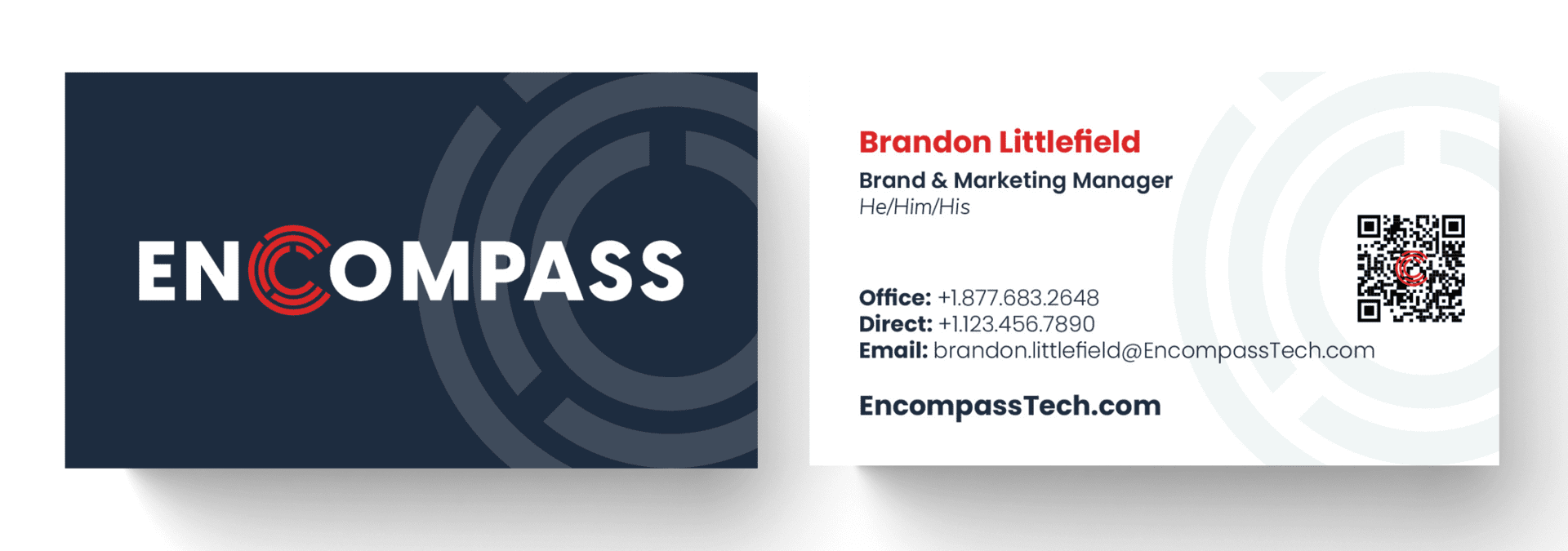 A professional business card for brandon littlefield, brand & marketing manager at encompass tech, featuring a logo, contact info, and a qr code on a two-sided, sleek design.