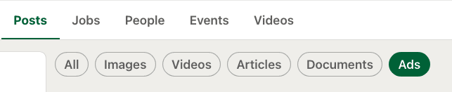 A website navigation menu with tabs labeled "posts," "jobs," "people," "events," and "videos." below, segmented buttons include "all," "images," "videos," "articles," "documents," with "ads" highlighted in green.