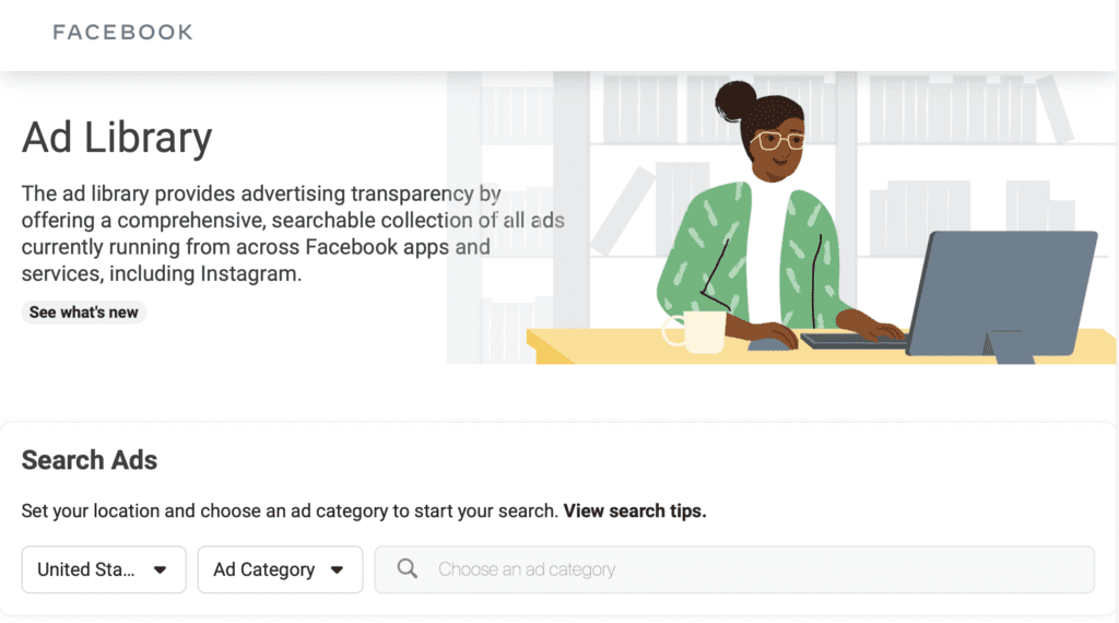 A woman with glasses and a green blouse sits at a desk, using a laptop in a library setting, with the facebook ad library page displayed on her screen.