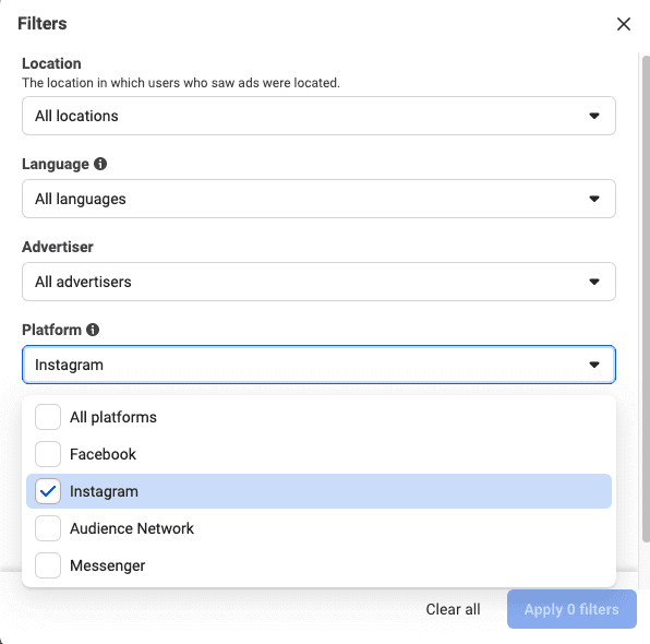 Screenshot of a digital interface showing filters for location, language, advertiser, and platform with options including instagram, facebook, audience network, and messenger selected.