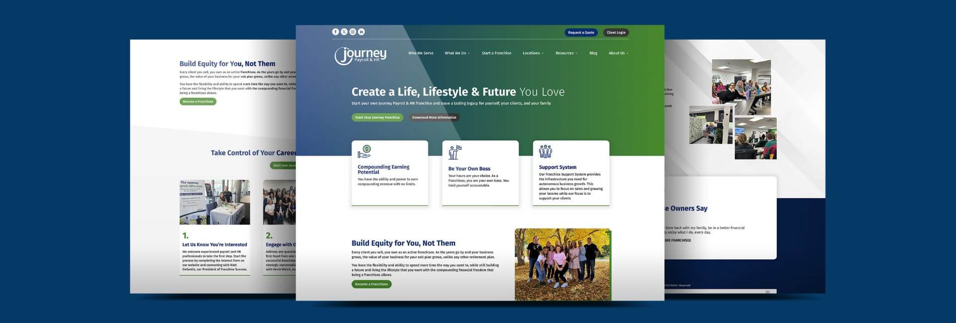 journey-payroll-banner A website homepage for Journey Business Solutions displays a green and blue design, navigation menu, service icons, testimonials, and group photos alongside text about creating a better lifestyle and future.